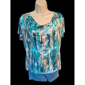 Stunning Bleeker & McDougal Teal & Gold Abstract Print Cowl Neck Blouse, Size M